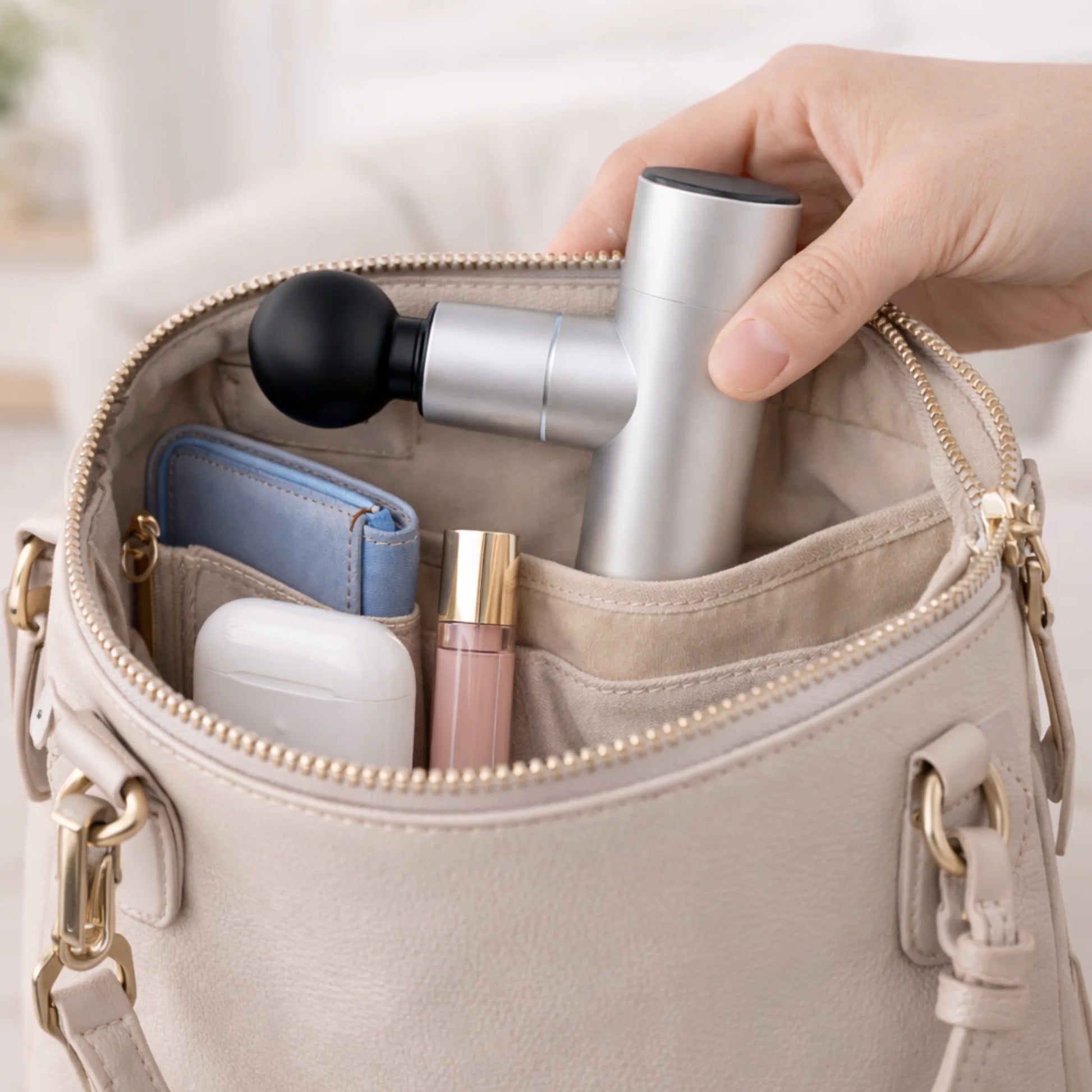 Mini massage gun fits in a handbag — compact and portable